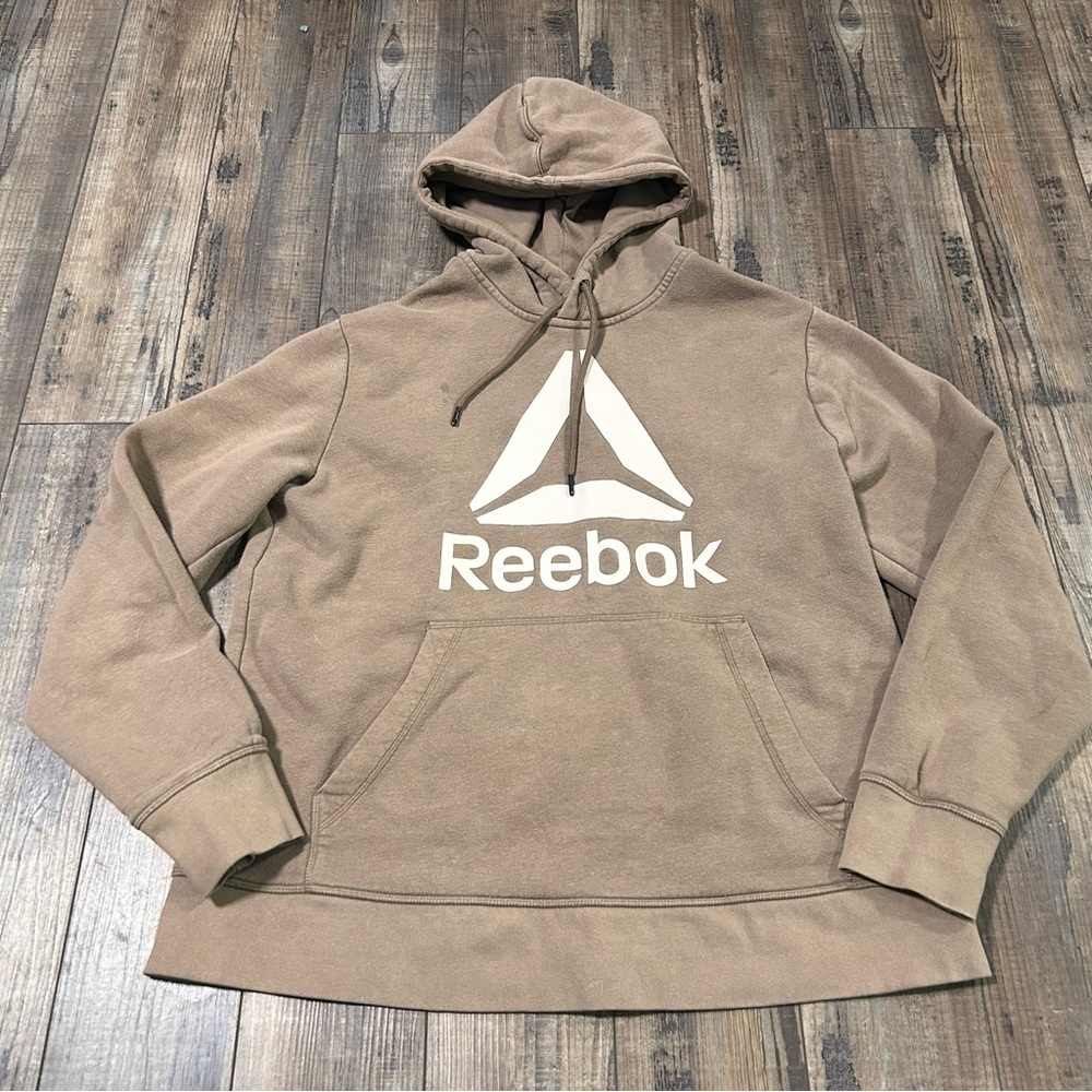Reebok Hoodie Mens Medium Tan Brown White Logo Pullover Casual Long Sleeve‎